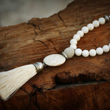 White Beaded Tassel Necklace • Long Boho Statement Jewelry • Howlite Bead Necklace for Women • Mala Spiritual Necklace