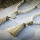 White Beaded Tassel Necklace • Long Boho Statement Jewelry • Howlite Bead Necklace for Women • Mala Spiritual Necklace