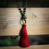 Red Tassel Green Jade Mala Necklace for Yoga - Handmade Gift