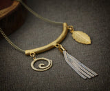 Gold Plated Tassel Necklace: Spiral & Leaf Pendant, Long Chain (30 inch)