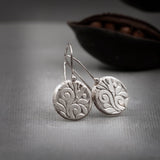 Silver Disc Earrings • Dangle Silver Earrings • Floral Textured Drop Earrings • Boho Drops • Statement Dangles Gift Earrings Christmas