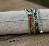 Handmade Leather Bracelets with Silver-Plated Brass, Crystal Beads, Boho Style