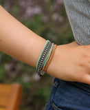 Handmade Leather Bracelets with Silver-Plated Brass, Crystal Beads, Boho Style