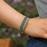 Handmade Leather Bracelets with Silver-Plated Brass, Crystal Beads, Boho Style