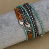 Handmade Leather Bracelets with Silver-Plated Brass, Crystal Beads, Boho Style
