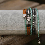 Handmade Leather Bracelets with Silver-Plated Brass, Crystal Beads, Boho Style