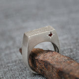 Silver Rectangle Signet Ring: Handmade Leaf Pattern Statement Ring