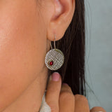 Handmade Sterling Silver Garnet Earrings: Geometric Dangle Discs