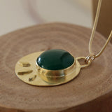 Green Onyx Stone Statement Round Pendant - Handmade Long Gold Necklace