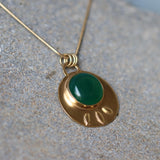 Green Onyx Stone Statement Round Pendant - Handmade Long Gold Necklace