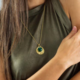 Green Onyx Stone Statement Round Pendant - Handmade Long Gold Necklace