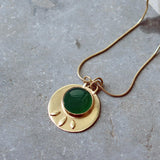 Green Onyx Stone Statement Round Pendant - Handmade Long Gold Necklace