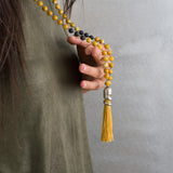 Yellow Agate & Lava Mala Necklace • Hand-Knotted Boho Tassel Necklace