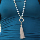 Aquamarine Mala Necklace • March Birthstone Tassel Necklace • Long Beaded Gemstone Jewelry for Women