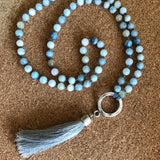 Aquamarine Mala Necklace • March Birthstone Tassel Necklace • Long Beaded Gemstone Jewelry for Women