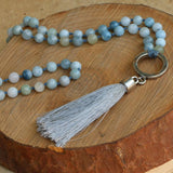 Aquamarine Mala Necklace • March Birthstone Tassel Necklace • Long Beaded Gemstone Jewelry for Women