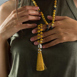 Yellow Agate & Lava Mala Necklace • Hand-Knotted Boho Tassel Necklace