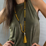 Yellow Agate & Lava Mala Necklace • Hand-Knotted Boho Tassel Necklace