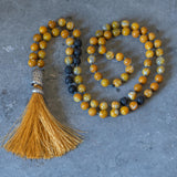 Yellow Agate & Lava Mala Necklace • Hand-Knotted Boho Tassel Necklace
