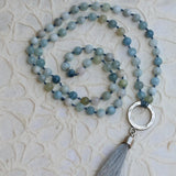Aquamarine Mala Necklace • March Birthstone Tassel Necklace • Long Beaded Gemstone Jewelry for Women