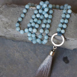 Aquamarine Mala Necklace • March Birthstone Tassel Necklace • Long Beaded Gemstone Jewelry for Women
