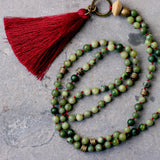 Green Jade Mala Necklace: Red Tassel Boho Meditation Jewelry