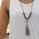 Handmade Tassel Necklace: Green Czech Beads, Boho Statement Jewelry