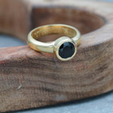 Handcrafted Black Onyx Solitaire Gold Ring - Round Bezel Set Design • Statement Ring for Protection and Inner Strength