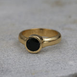 Handcrafted Black Onyx Solitaire Gold Ring - Round Bezel Set Design • Statement Ring for Protection and Inner Strength