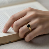 Handcrafted Black Onyx Solitaire Gold Ring - Round Bezel Set Design