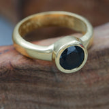 Handcrafted Black Onyx Solitaire Gold Ring - Round Bezel Set Design • Statement Ring for Protection and Inner Strength