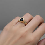 Handcrafted Black Onyx Solitaire Gold Ring - Round Bezel Set Design