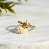 Gold starfish ring with a dot-textured band displayed among four assorted shells, showing its beachy, handmade aesthetic