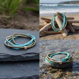 Turquoise & Gold Wrap Bracelet • Amazonite and Hematite Beaded Wrap • Handmade Boho Layered Jewelry