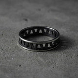 Side view of the handmade men’s oxidized silver ring showing depth and structure