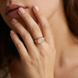 Gold rose quartz ring worn on a woman’s hand, showing the size and elegant statement look.