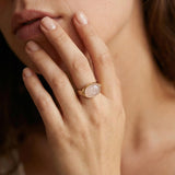 Gold rose quartz ring worn on a woman’s hand, showing the size and elegant statement look.