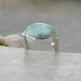 Sterling Silver Larimar Ring • Oval Bezel Set Light Blue Gemstone • Handmade Statement Jewelry • Women’s Gift