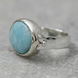 Sterling Silver Larimar Ring • Oval Bezel Set Light Blue Gemstone • Handmade Statement Jewelry • Women’s Gift