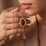 Red Jasper Long Necklace • Handmade Gold Statement Pendant • Oval Boho Jewelry Gift
