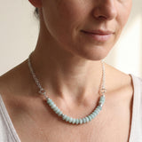 Sterling silver amazonite necklace worn on a model, showing a short collar fit with light blue rondelle beads.