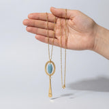 Long Gold Necklace • Blue Aventurine Oval Frame Pendant • Geometric Minimalist Boho Jewelry For Women