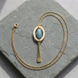 Long Gold Necklace • Blue Aventurine Oval Frame Pendant • Geometric Minimalist Boho Jewelry For Women
