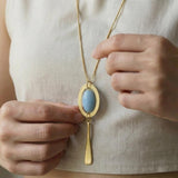 Long Gold Necklace • Blue Aventurine Oval Frame Pendant • Geometric Minimalist Boho Jewelry For Women