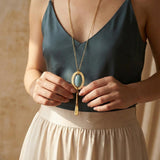 Long Gold Necklace • Blue Aventurine Oval Frame Pendant • Geometric Minimalist Boho Jewelry For Women