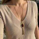 Red Jasper Long Necklace • Handmade Gold Statement Pendant • Oval Boho Jewelry Gift