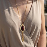 Red Jasper Long Necklace • Handmade Gold Statement Pendant • Oval Boho Jewelry Gift