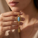 Long Gold Necklace • Blue Aventurine Oval Frame Pendant • Geometric Minimalist Boho Jewelry For Women