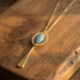 Long Gold Necklace • Blue Aventurine Oval Frame Pendant • Geometric Minimalist Boho Jewelry For Women