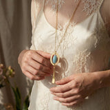 Long Gold Necklace • Blue Aventurine Oval Frame Pendant • Geometric Minimalist Boho Jewelry For Women